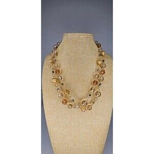 GORGEOUS Double Strand Crystal & Gold Foil Glass Bead Amber Orange Necklace 22"L
